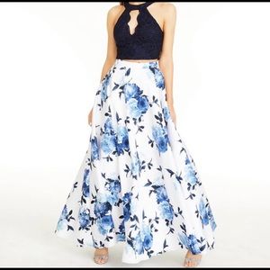 Blue navy city studio two piece floral glitter prom dress evening gown long maxi